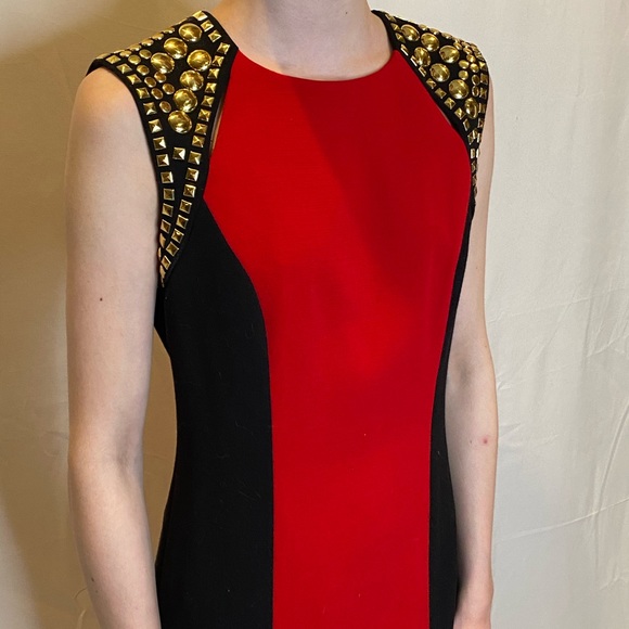 Michael Kors Gold Studded Shoulder Red Black Dress - Picture 6 of 7